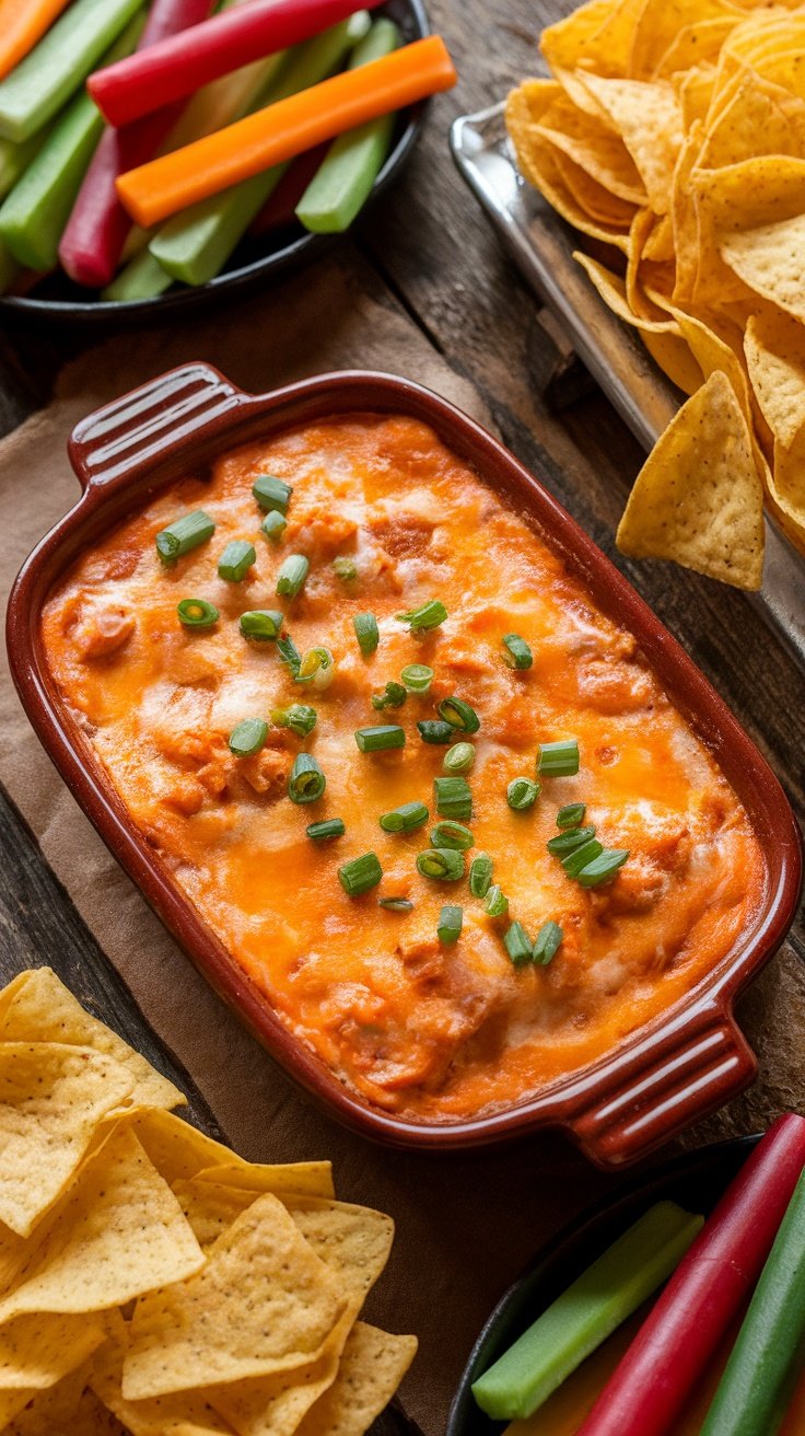 Spicy Cottage Cheese Buffalo Chicken Dip Recipe A warm buffalo chicken dip with cottage cheese, served with tortilla chips and garnished with green onions.
