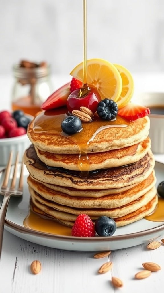 A stack of almond flour protein pancakes topped with berries and syrup