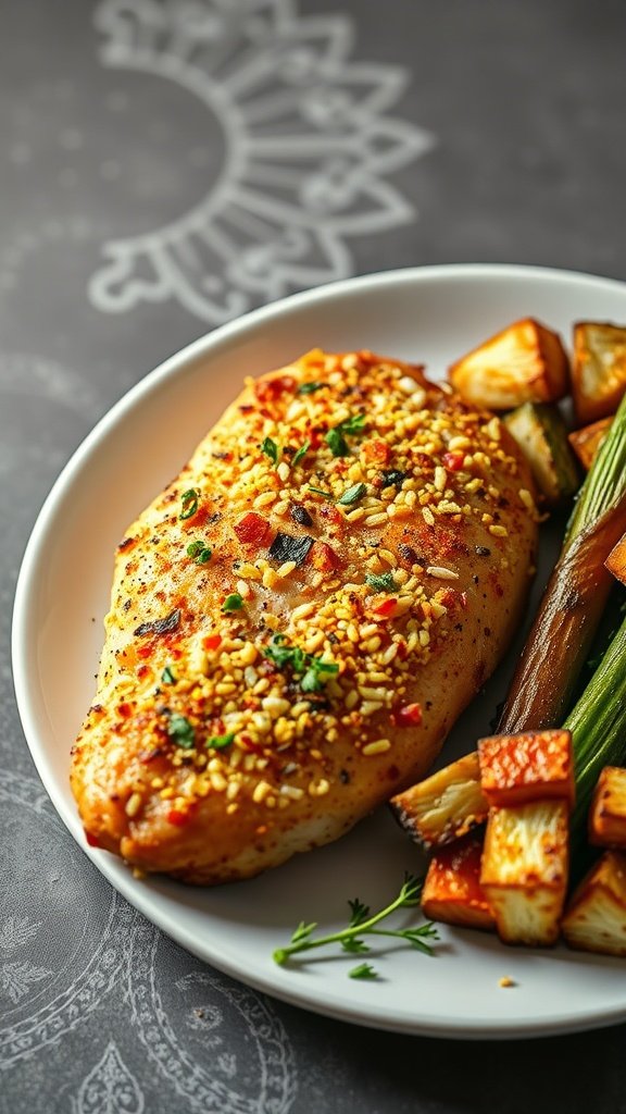 Baked Parmesan Crusted Chicken with roasted vegetables on a plate.