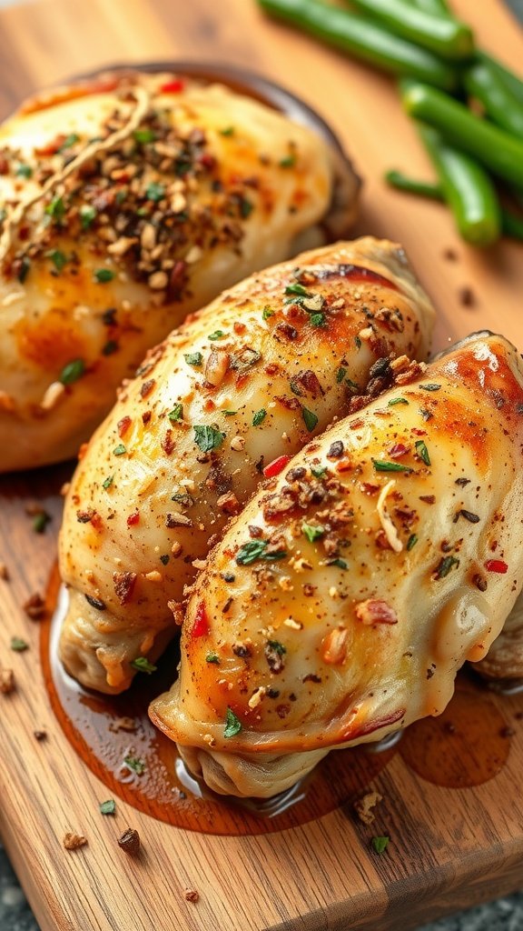 Baked Zaatar Chicken Thighs on a wooden board with herbs and spices