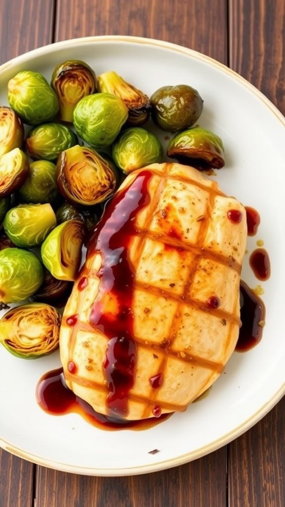Balsamic glazed chicken breast served with roasted Brussels sprouts.