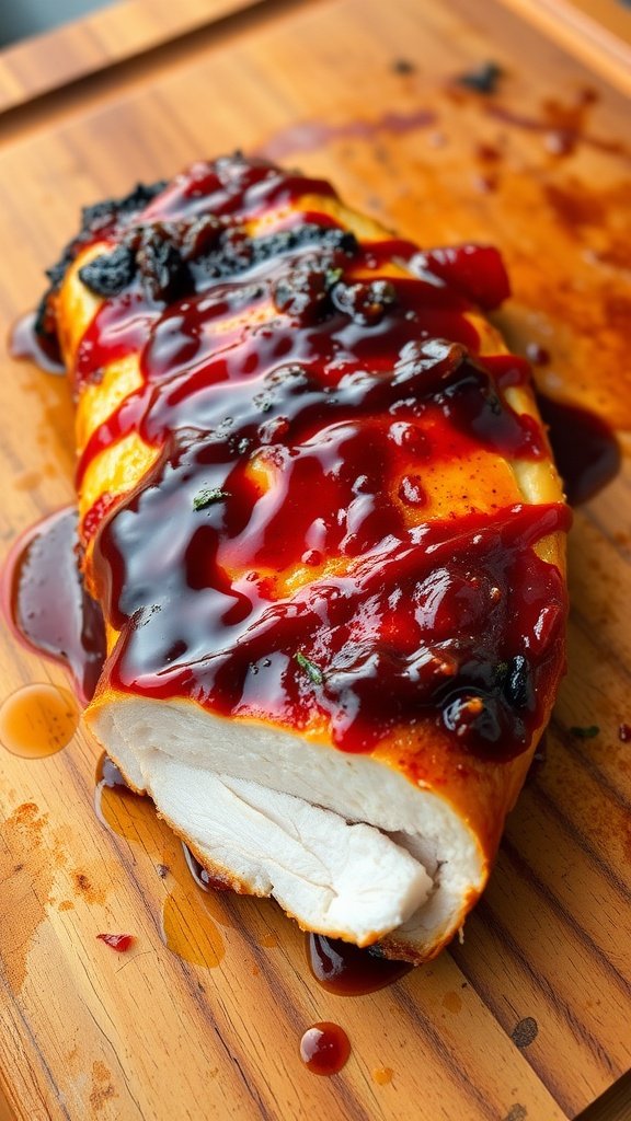 BBQ Chicken Breast with glaze on a wooden cutting board.