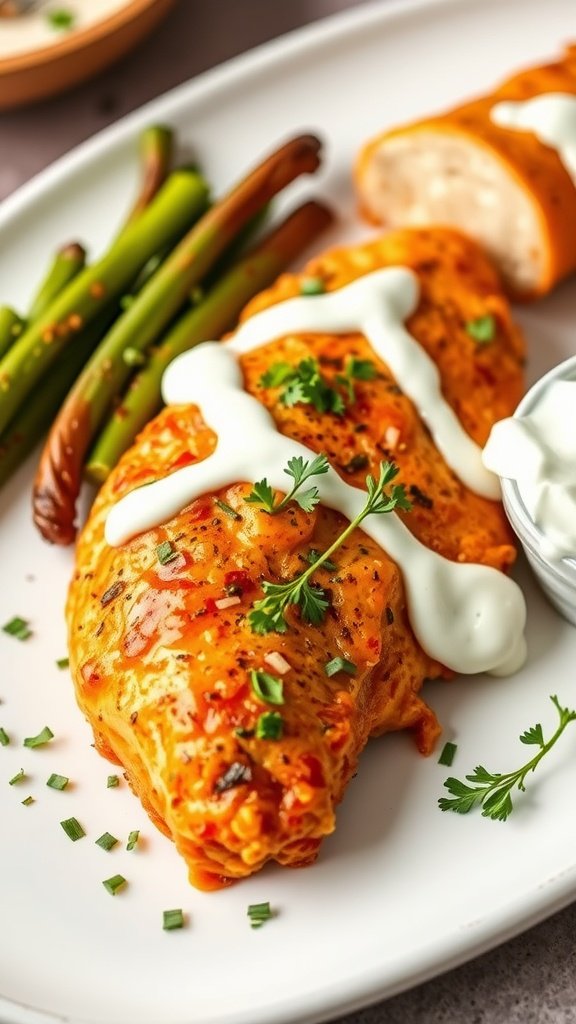 Buffalo Ranch Chicken with green beans and ranch sauce drizzle