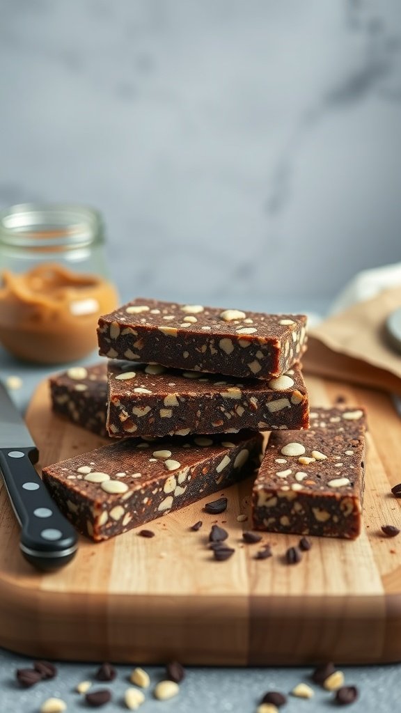 Delicious cacao nib and nut butter energy bars stacked on a wooden cutting board with a jar of nut butter in the background.