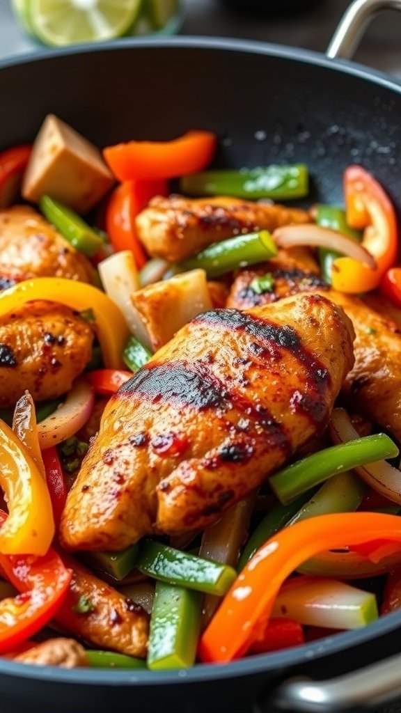 Delicious chicken fajitas with colorful peppers and onions