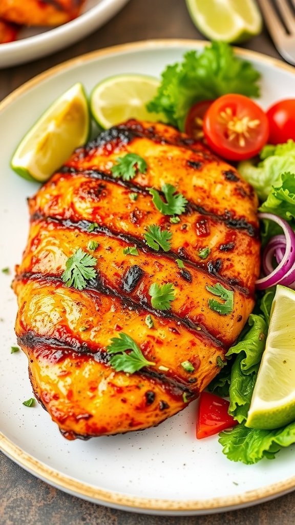Chili Lime Chicken with fresh greens and limes on a plate