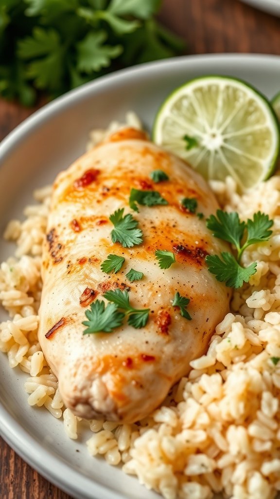 A plate of cilantro lime chicken served over rice with lime slices and fresh cilantro garnishing the dish.