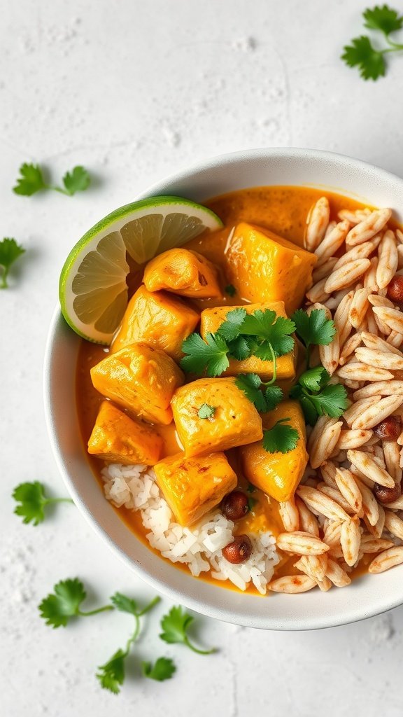 A bowl of Coconut Curry Chicken served with rice and garnished with cilantro and lime.