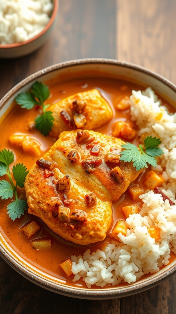 Bowl of Coconut Curry Chicken with rice and fresh herbs.
