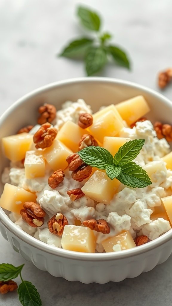 Cottage cheese topped with pineapple chunks and walnuts in a bowl.