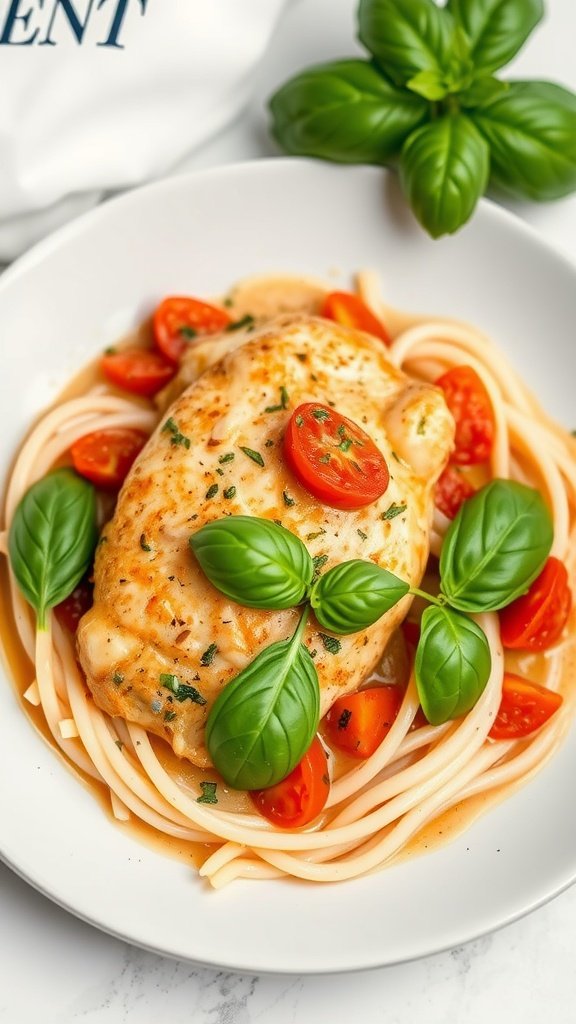 Delicious creamy tomato basil chicken served over spaghetti with fresh basil and cherry tomatoes.