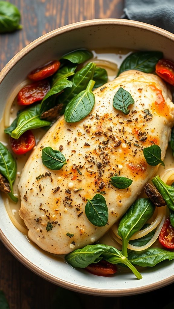 Creamy Tuscan chicken served with spinach and sun-dried tomatoes