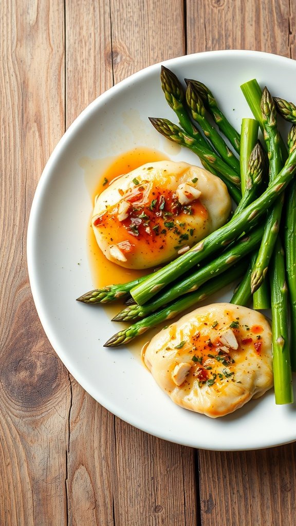 A plate of garlic butter chicken served with asparagus on a wooden table.