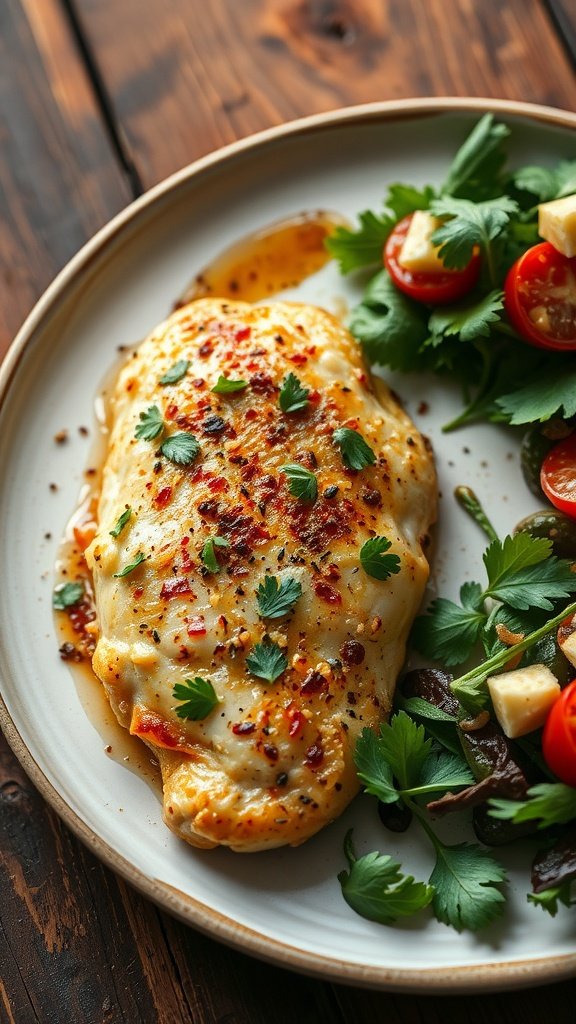 Garlic Parmesan Baked Chicken served with fresh salad
