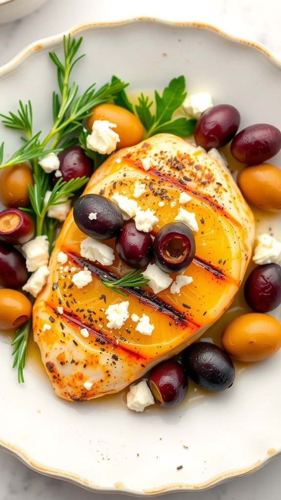 Delicious Greek Lemon Chicken served with olives and feta cheese