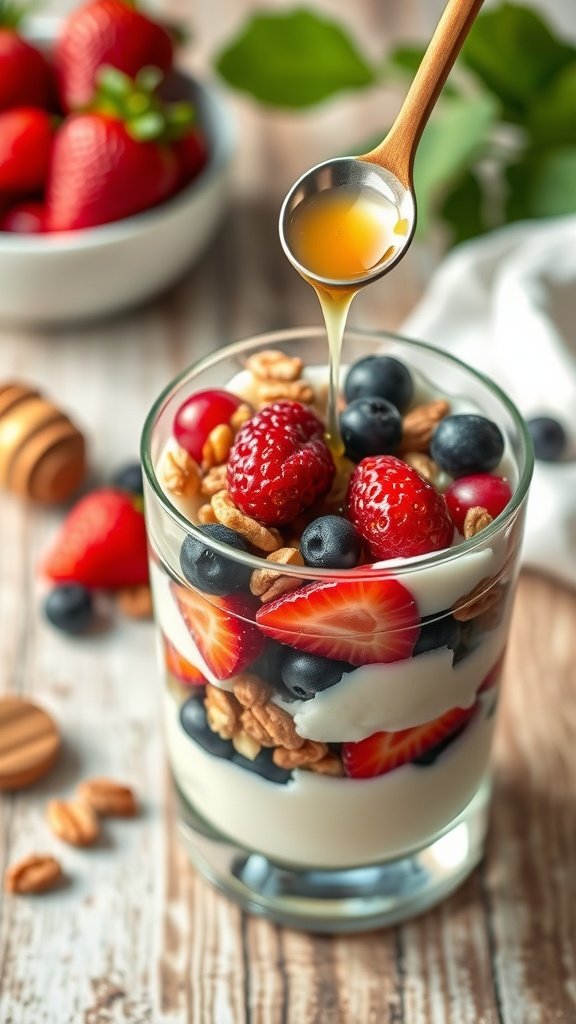 A delicious Greek yogurt parfait layered with berries, nuts, and honey.