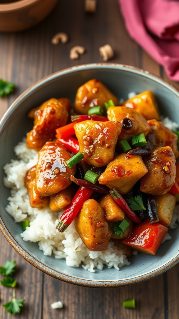 A delicious bowl of honey garlic chicken stir-fry served over rice with colorful vegetables.