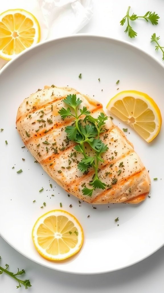 Lemon Garlic Herb Chicken on a plate with lemon slices and fresh herbs