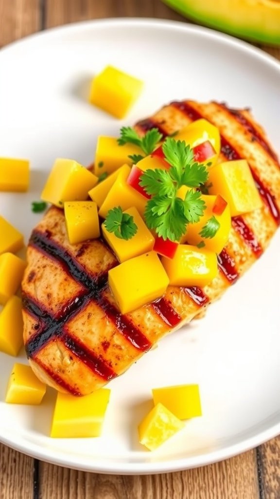 Grilled chicken breast with mango salsa and garnish.