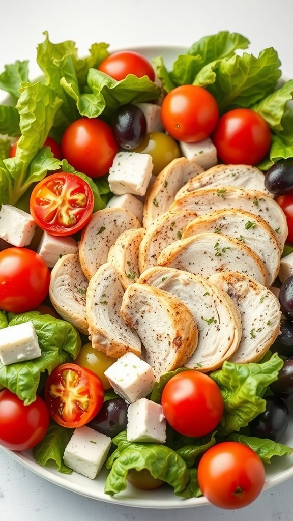 A vibrant Mediterranean chicken salad with grilled chicken, greens, tomatoes, and feta cheese.