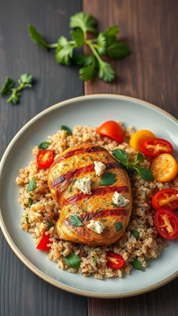 Delicious Mediterranean chicken served with quinoa and cherry tomatoes.