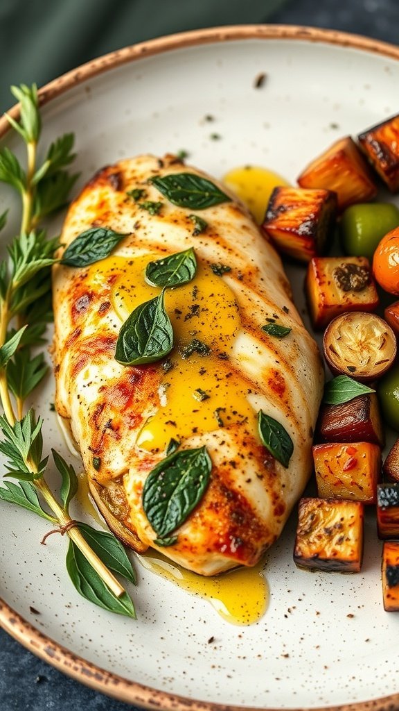 Oven-baked pesto chicken breast served with roasted vegetables