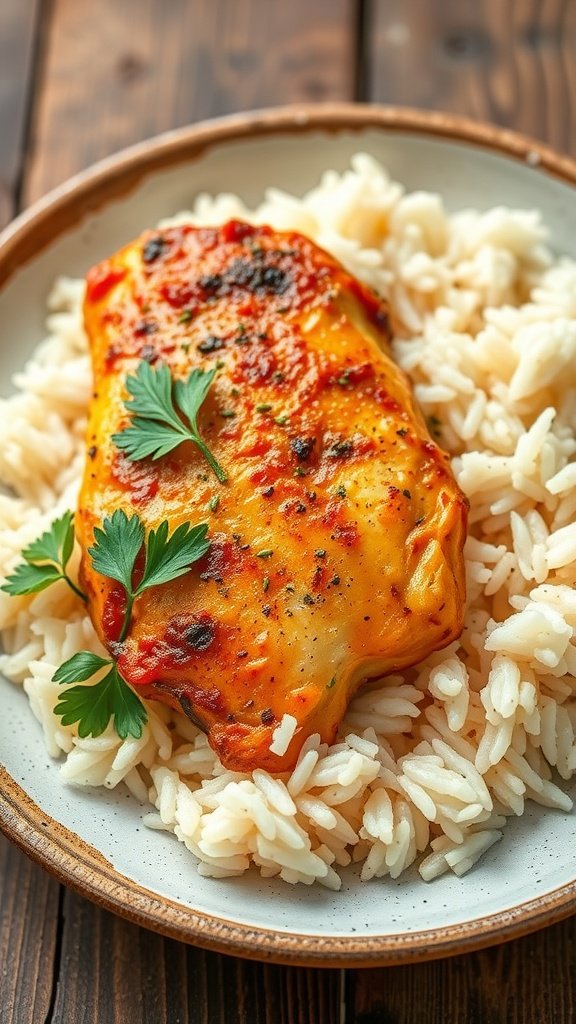 A plate of paprika chicken served over fluffy rice, garnished with parsley.