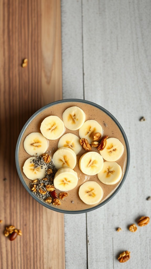 A peanut butter banana smoothie bowl topped with banana slices, chia seeds, and granola.