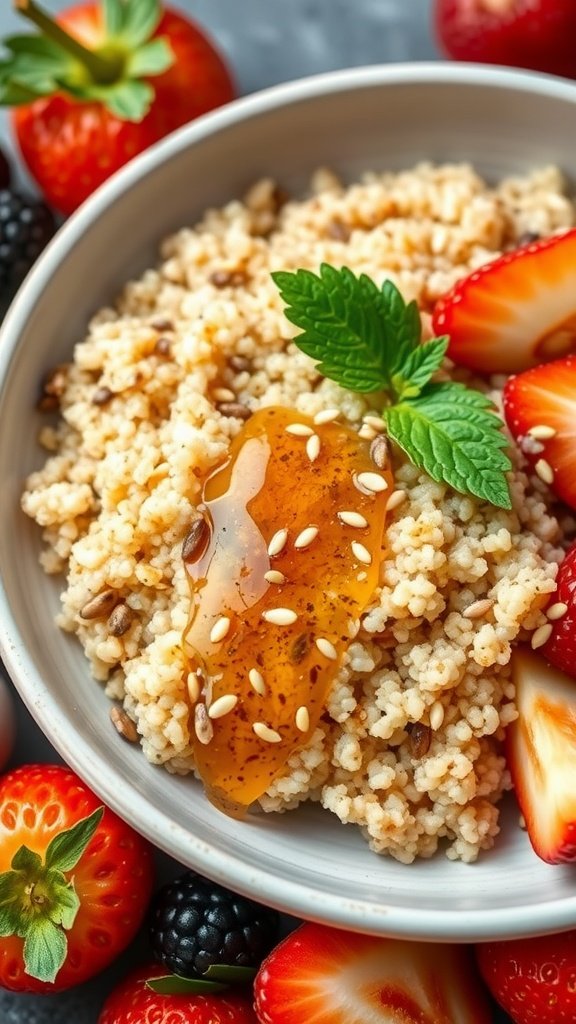 A bowl of sesame seed and honey quinoa topped with honey and fresh strawberries.