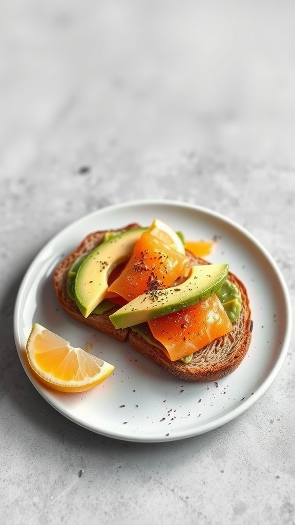 A plate of smoked salmon and avocado toast garnished with a lemon slice.