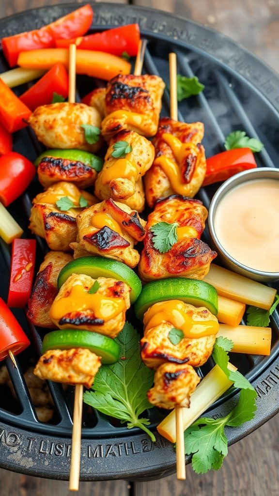 Delicious spicy honey mustard chicken skewers grilled to perfection.