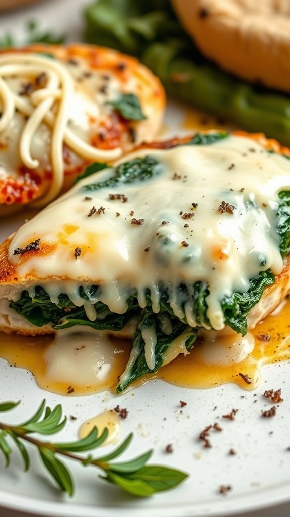 Stuffed spinach and cheese chicken breast with melted cheese and spinach filling