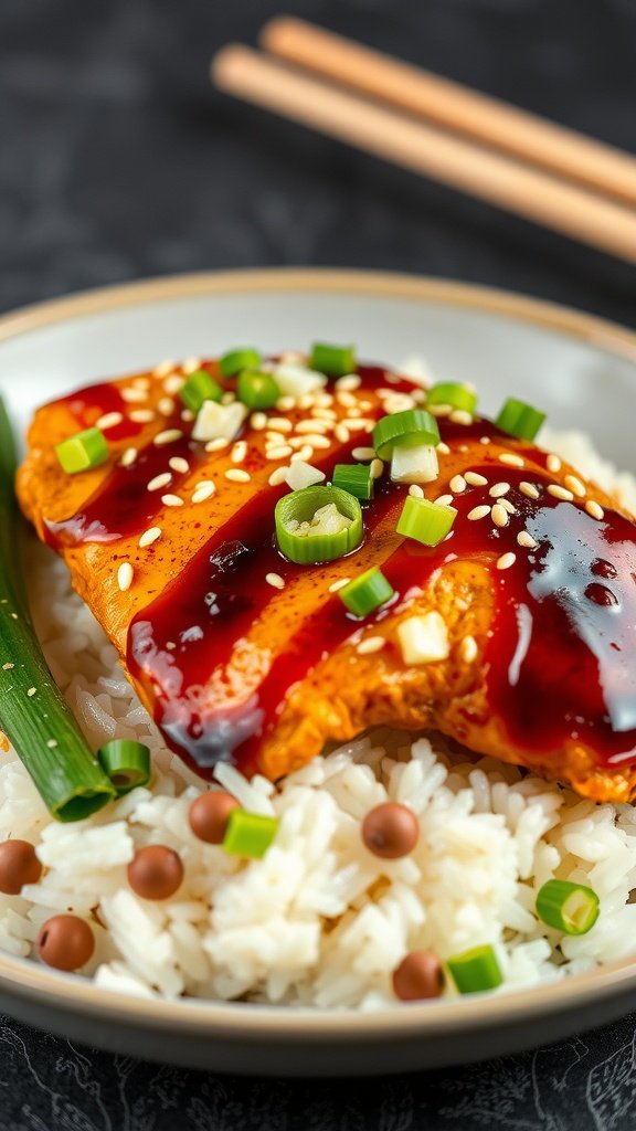 Delicious teriyaki chicken breast on a bed of rice, garnished with green onions and sesame seeds.