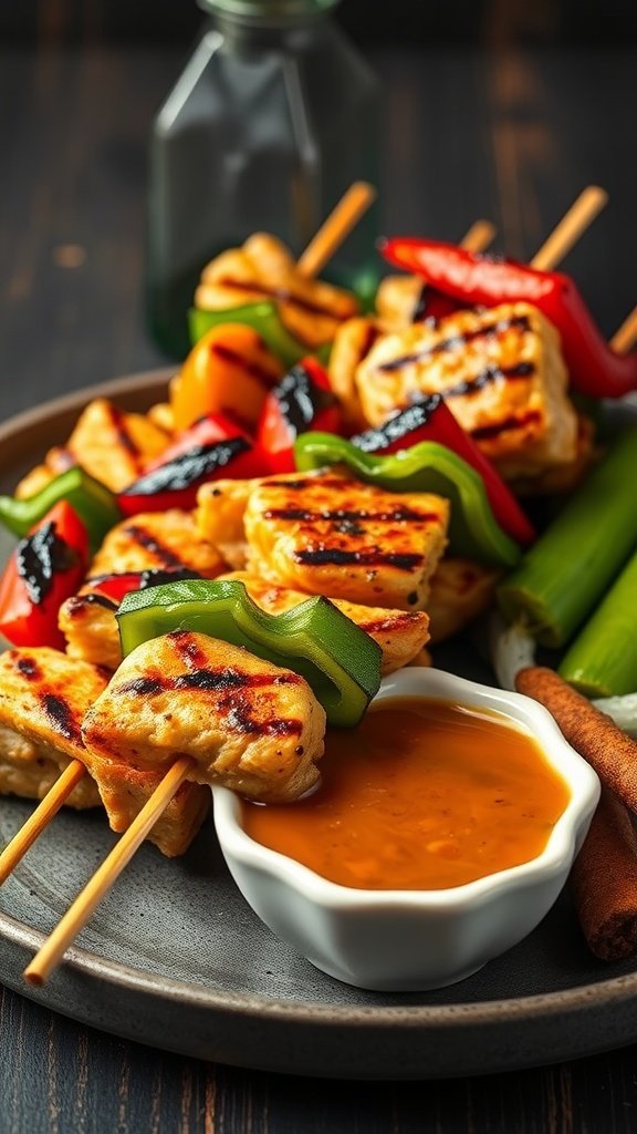Delicious teriyaki chicken skewers served with colorful peppers and a dipping sauce