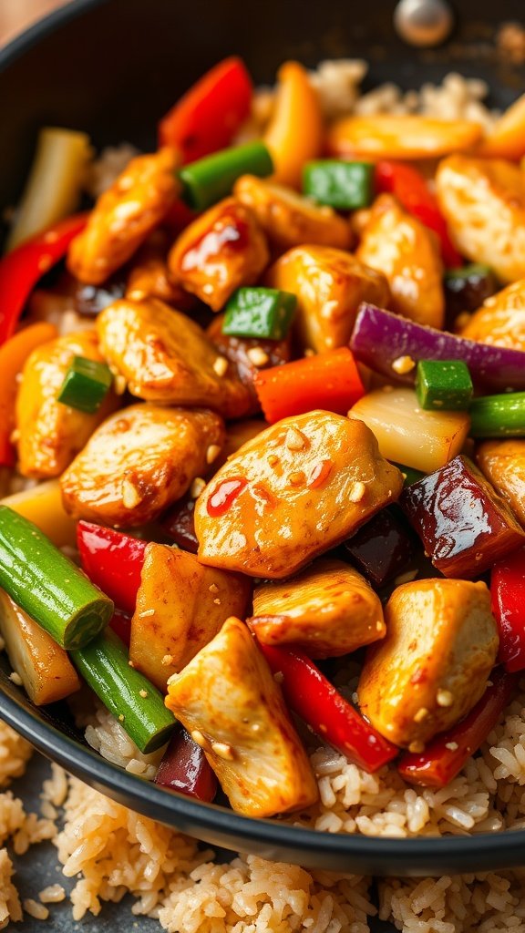 A colorful bowl of teriyaki chicken stir-fry with vibrant vegetables and rice.