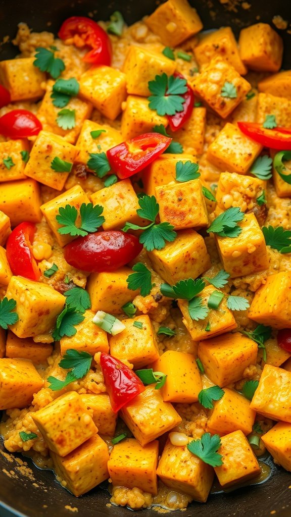 Delicious tofu scramble with bell peppers garnished with fresh cilantro.