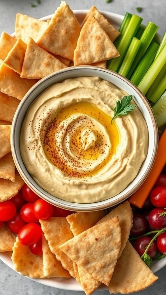 A bowl of zaatar-spiced hummus with pita chips and fresh vegetables for dipping.