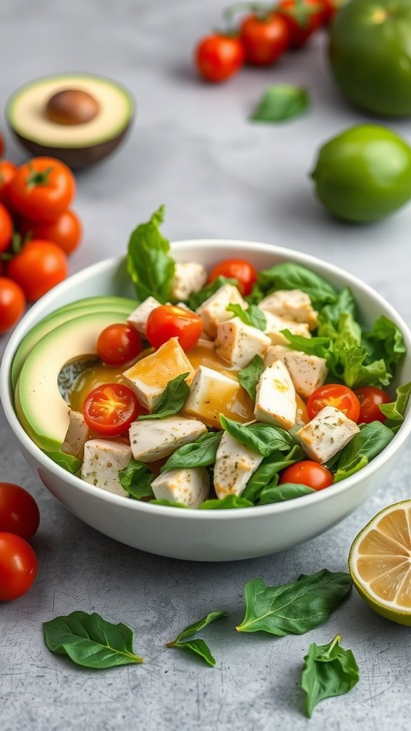 A colorful bowl of zesty lime chicken salad with diced chicken, cherry tomatoes, and avocado.